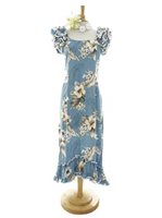 Pacific Legend Hibiscus Blue Cotton Hawaiian Ruffle Long Muumuu Dress