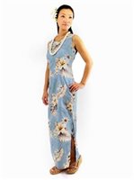 Pacific Legend Hibiscus Blue Cotton Hawaiian Tank Long Dress