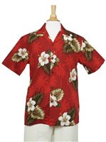 Pacific Legend Hibiscus Monstera Red Cotton Men's Hawaiian Shirt