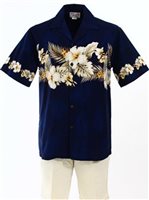 Pacific Legend Hibiscus Navy Cotton Men's Border Hawaiian Shirt