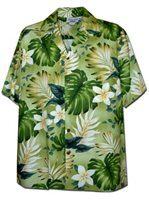 Pacific Legend Plumeria & Monstera Sage Cotton Men's Hawaiian Shirt