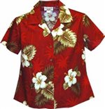 Pacific Legend Hibiscus Monstera Red Cotton Women's Fitted Hawaiian Shirt