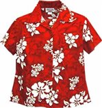 Pacific Legend White Hibiscus Red Cotton Women's Fitted Hawaiian Shirt