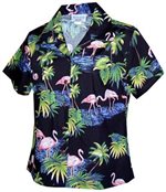 Pacific Legend Flamingos Black Cotton Women's Fitted Hawaiian Shirt