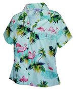 Pacific Legend Flamingos Sage Cotton Women's Fitted Hawaiian Shirt
