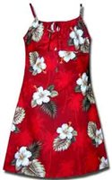 Pacific Legend Hibiscus Monstera Red Cotton Youth Girls Hawaiian Spaghetti Dress