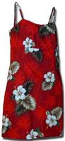 Pacific Legend Hibiscus Monstera Red Cotton Hawaiian Spaghetti Short Dress