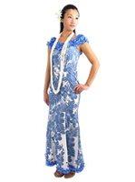 Royal Hawaiian Creations Hibiscus Panel Blue Poly Cotton Hawaiian Nahenahe Ruffle Long Muumuu Dress