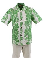Royal Hawaiian Creations Hibiscus Panel Green Poly Cotton Men's Hawaiian Shirt