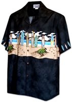 Pacific Legend Surfboard Black Cotton Boys Junior Matched Front Hawaiian Shirt