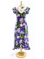 Pacific Legend Plumeria & Monstera Purple Cotton Hawaiian Ruffle Long Muumuu Dress