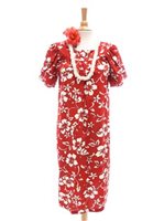 Hilo Hattie Classic Hibiscus Pareo Red Cotton Hawaiian Tulip Sleeve Short Muumuu Dress