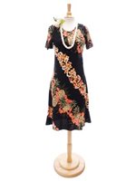 Hilo Hattie Pineapple Panel Black Rayon Hawaiian Short Dress