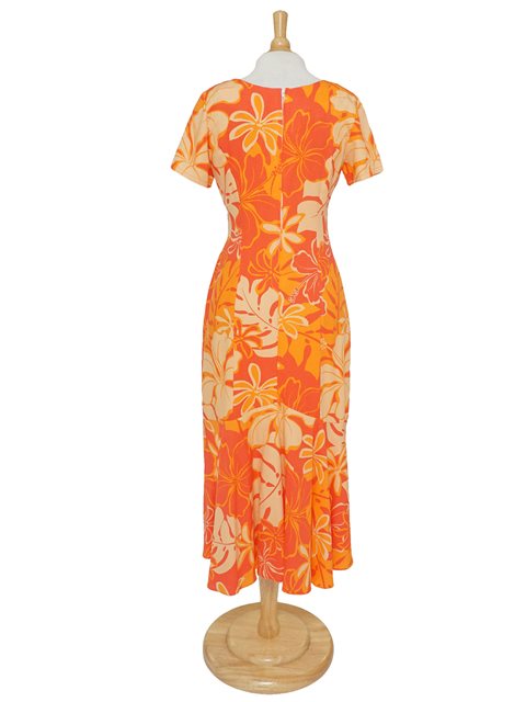 Hilo Hattie Royal Hibiscus Orange Rayon Hawaiian Short Sleeve Long