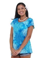 Hilo Hattie Coral Turquoise Rayon Hawaiian Peasant Blouse