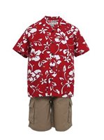 Hilo Hattie Classic Hibiscus Pareo Red Cotton  Boys Hawaiian Shirt