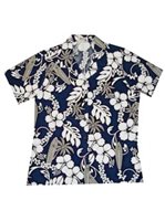 Ky's Hibiscus and Surfboard Navy Blue Cotton Women's Hawaiian Shirt