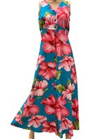 Paradise Found Hibiscus Blossom Blue Rayon Hawaiian Long Dress