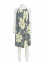 Napua Collection Honolulu Big Hibiscus Grey/Tan Rayon Summer Dress front ribbon