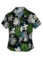 Pacific Legend Plumeria & Monstera Black Cotton Women's Fitted Hawaiian Shirt