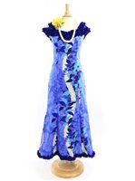 [USED ITEM] Royal Hawaiian Creations Monstera Lei Blue Poly Cotton Hawaiian Nahenahe Ruffle Long Muumuu Dress  (Used)