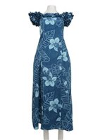 Two Palms Orchid tropical leaves Blue Cotton Frill Puff Sleeve Long Dress