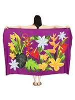Tropical flowers and leaves PURPLE Hand Printed Pareo Sarong