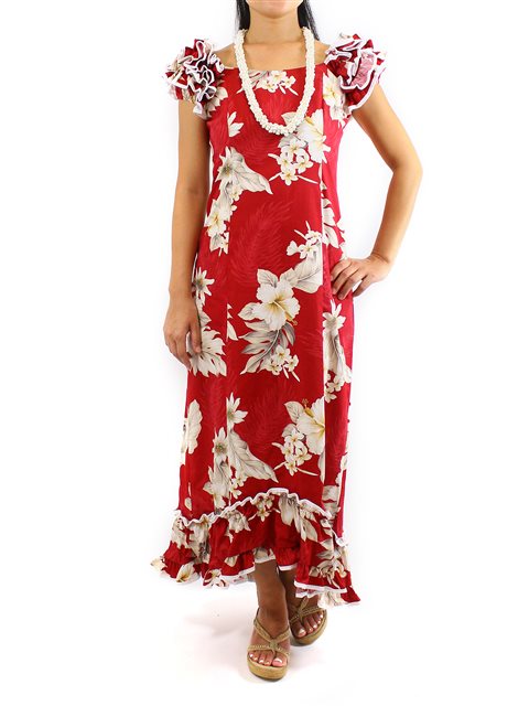 Pacific Legend Hibiscus Red Cotton Hawaiian Ruffle Long Muumuu Dress ...