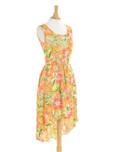 Two Palms Tropical blooming Orange Rayon Hawaiian Hi-Low Midi Dress ...