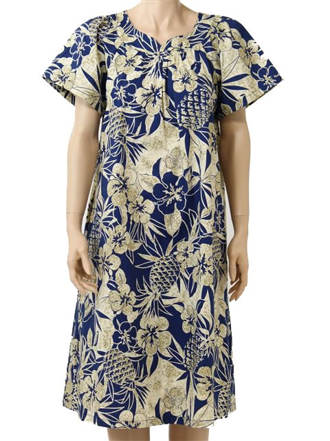 Plus Size Two Palms Pineapple Garden Navy Cotton Hawaiian Midi Muumuu