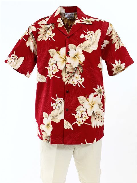 Pacific Legend Hibiscus Red Cotton Men's Hawaiian Shirt | AlohaOutlet