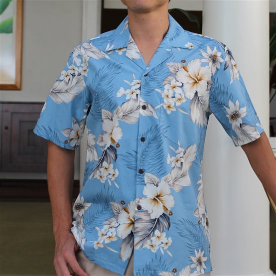 Pacific Legend Hibiscus Blue Cotton Men's Hawaiian Shirt | AlohaOutlet