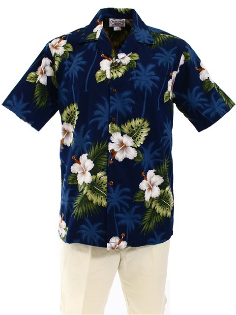 Pacific Legend Hibiscus Monstera Navy Cotton Men's Hawaiian Shirt , L