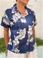 Pacific Legend Hibiscus Navy Cotton Women&#39;s Fitted Hawaiian Shirt