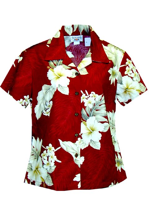 Pacific Legend Hibiscus Red Cotton Women's Fitted Hawaiian Shirt