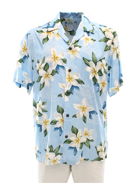 Two Palms Plumeria Light Blue Rayon Men's Hawaiian Shirt | AlohaOutlet