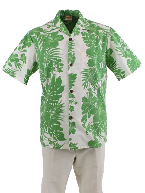 Royal Hawaiian Creations Hibiscus Panel Green Poly Cotton Men's Hawaiian  Shirt