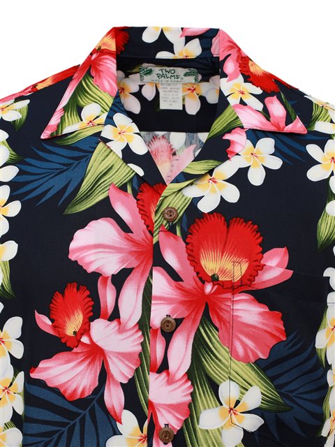 Two Palms Orchid & Plumeria Navy Rayon Men's Hawaiian Shirt