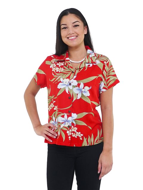 Two Palms Pali Orchid Red Rayon Women's Hawaiian Shirt
