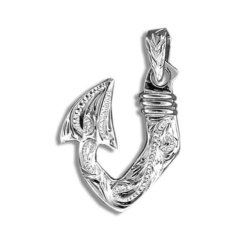 Sterling Silver Traditional Hawaiian Engraved Fishhook Pendant