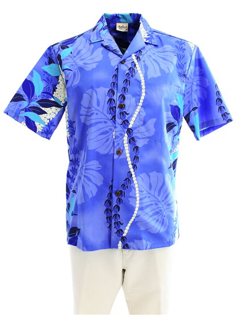 Royal Hawaiian Creations Monstera Lei Blue Poly Cotton Men's Hawaiian ...