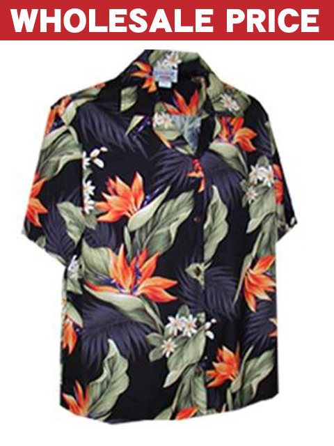 Cotton Bird Of Paradise Black Hawaiian Men Shirt