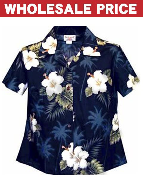 Pacific Legend Hibiscus Blue Cotton Women's Fitted Hawaiian Shirt