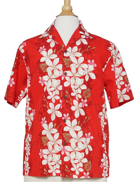 Two Palms Maui Red Cotton Men's Open Collar Hawaiian Shirt , L