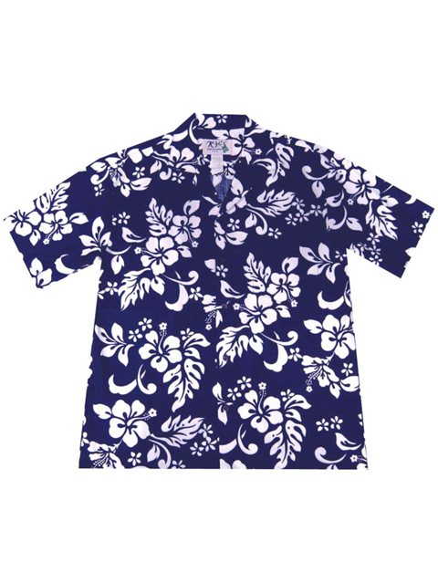 KY'S Classic Hibiscus Blue Rayon Men's Hawaiian Shirt , XL