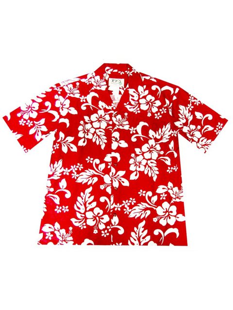 KY'S Classic Hibiscus Red Cotton Men's Hawaiian Shirt , L