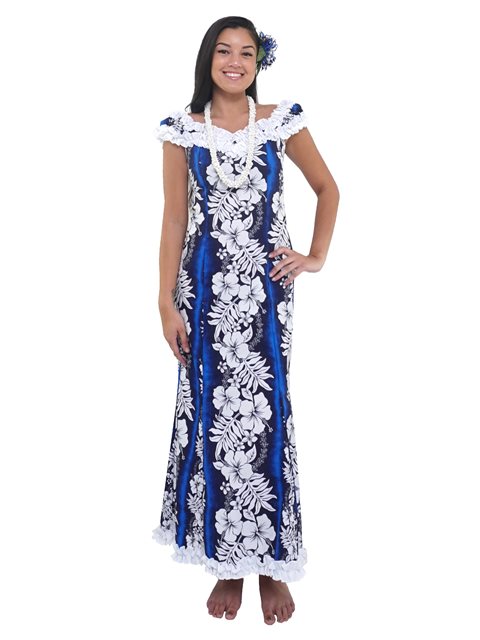 Royal Hawaiian Creations New Hibiscus Fern Panel Blue Poly Cotton Hawaiian Nahenahe Ruffle Long Muumuu Dress AlohaOutlet