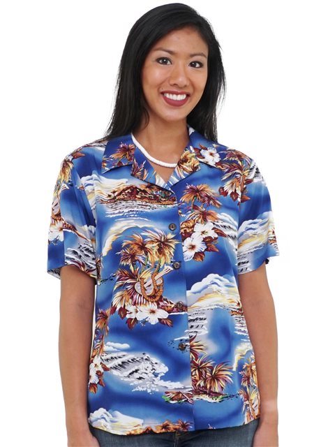Ladies Blue Hawaiian Shirt Waikiki Sunset