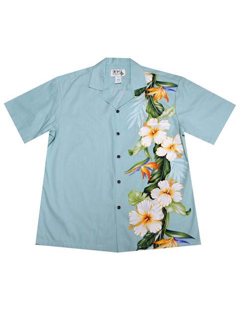 KY'S Classic Hibiscus Green Cotton Poplin Men's Hawaiian Shirt , L