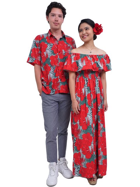 Two Palms Hibiscus Trend Coral Cotton Men's Open Collar Hawaiian Shirt , L